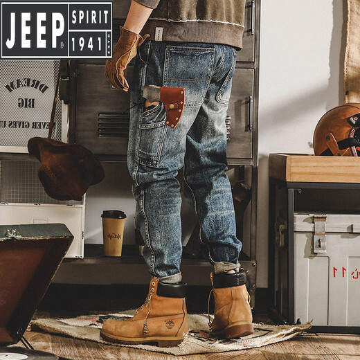 吉普（JEEP）美式工装牛仔裤子男宽松直筒春秋新款加绒厚重磅男士复古休闲裤潮 蓝色 29 105-115