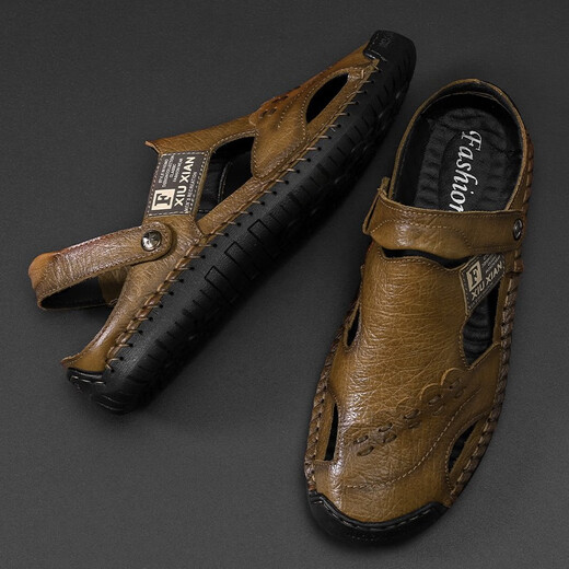 Qice summer sandals men's bag-toe casual shoes outdoor breathable beach sandals fashionable sports slippers summer hole shoes 689 brown 40