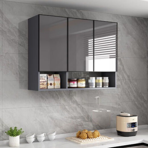 Zhongen aluminum alloy wall cabinet wall hanging cabinet kitchen wall cabinet storage balcony bathroom solid wood wall cabinet storage wall cabinet ecological board gray cabinet + metal gray 100*30*80 three doors (with compartments)