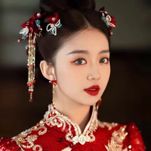 Jingli Jingda Xiuhe tiara female bride toasting attire Chinese ancient costume hair accessories red simple and elegant wedding high-end accessories red Xiuhe suit-ear clip style