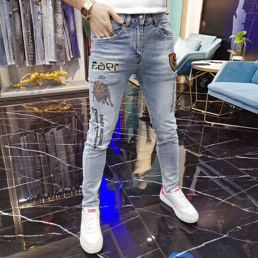 柯捷豪欧洲站秋季潮牌男士牛仔裤白色烫钻刺绣印章仔潮流修身弹力小脚裤 蓝色9908 36 (腰围2尺8)