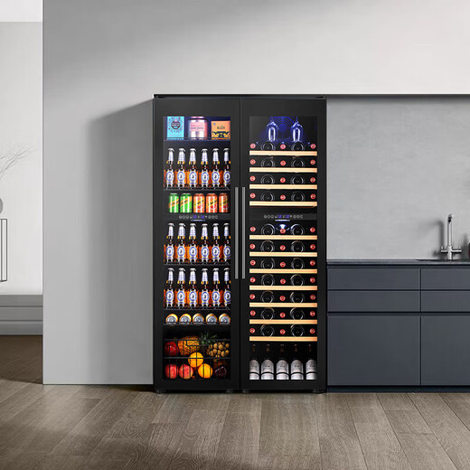 Bacchus wine cabinet double door 150 bottles thermostat cabinet commercial household tea champagne whiskey ice bar cabinet built-in wine storage living room refrigerator villa four temperature - left drink type + right hanging cup type 416L