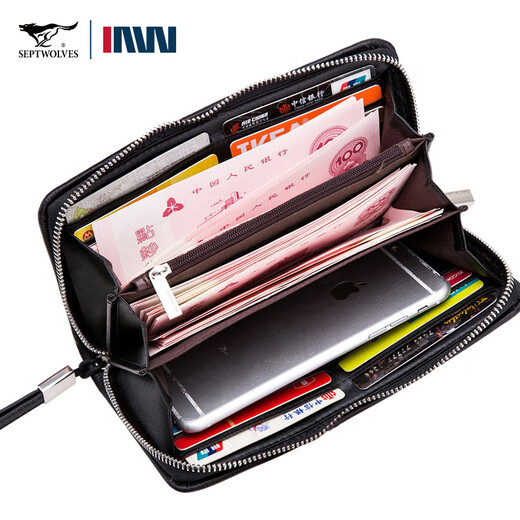 Seven Wolves men's handbag head layer cowhide large capacity clutch single zipper handbag Father's Day gift practical for dad black small trumpet 21 wide 11 thick 3cm