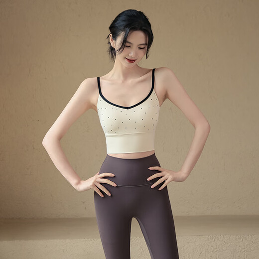 Aisunstyle sports bra women's shock-proof auxiliary breasts fixed cup yoga clothing vest suspender Pilates training fitness bra summer S Hepburn breast apricot