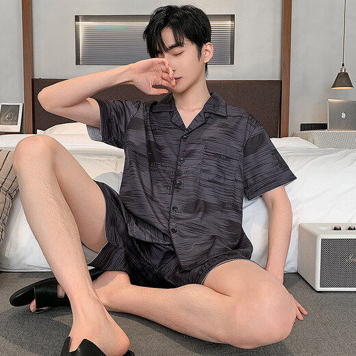 浪莎（LangSha）冰丝睡衣男士夏季短袖薄款仿真丝家居服男式中青年夏天丝绸套装 LQY6636 L 165-170CM/115-130斤