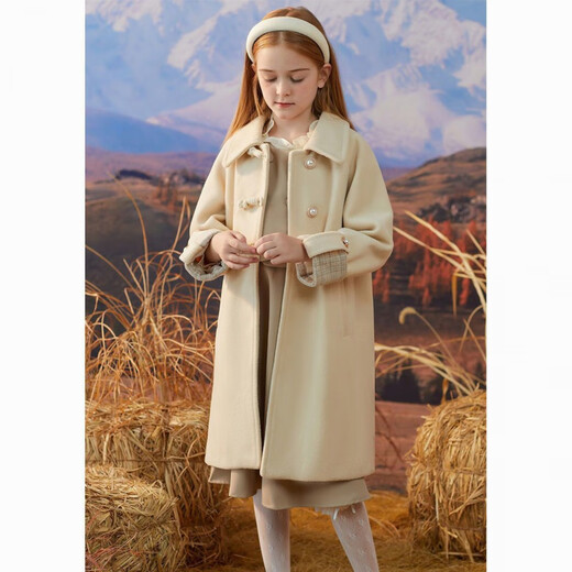 Disney Girls' Woolen Coat Autumn and Winter New Style Western Style Large Children's Woolen Coat Thickened Padded Mid-Length Winter Clothes Beige Single Layer Lining 150
