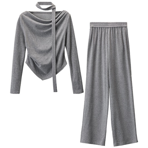 Chandubila fashionable and elegant lace-up one-line collar pleated waist top straight wide-leg pants suit dark gray M