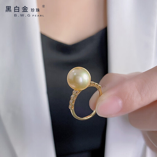 Black and white gold pearl South Sea seawater gold pearl ring 18K gold material inlaid with gold pearl ring temperament women's model 11-12mm