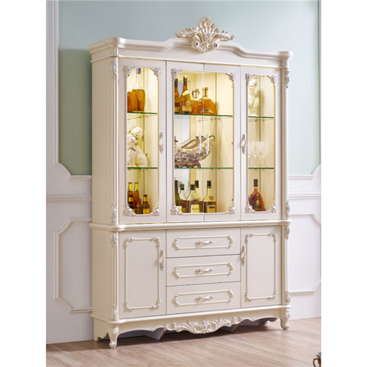 
Zhen Yiju European wine cabinet against the wall household living room glass display cabinet American luxury decorative cabinet with door sideboard Ivory white carved gold 897 (1.35 meters