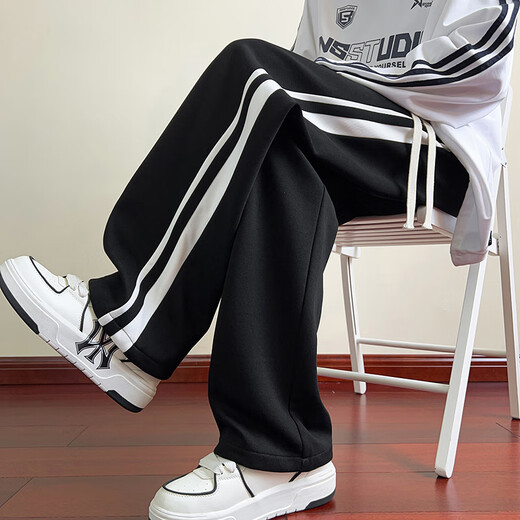Dingfengbaoluo American straight casual pants men's autumn loose drape striped sports wide-leg trousers DFK46 black 2XL
