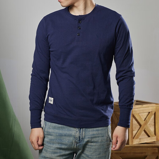 AK ARMY high-end pure cotton men's long-sleeved T-shirt spring and autumn new AK ARMY khaki Henry collar casual all-match base shirt navy blue S