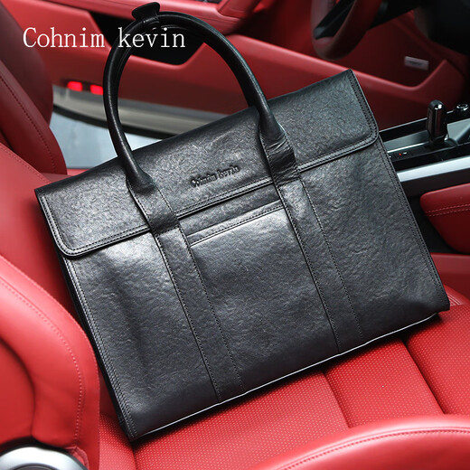 Cohnim kevin genuine leather briefcase luxury brand men's laptop document cross-body bag as a Valentine's Day gift for boyfriend and father, first-layer cowhide c01875 dark black, medium bag 14 inches