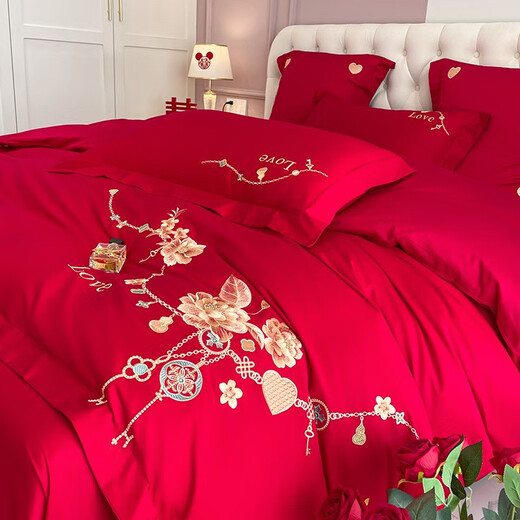 Antarctic wedding four-piece set of grinding tribute satin thickened big red wedding dowry Chinese wedding quilt full set, romantic 1.5-1.8 meters bed four-piece set (quilt cover 200*230)