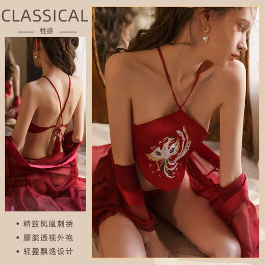 性感情器透明复古肚兜凤凰情趣汉服制服睡衣纯欲激情套装 朱砂红色+肚兜 均码(80120)