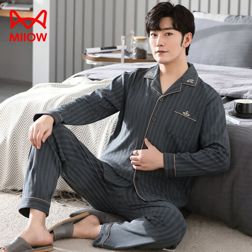 Chat man (miiow) hommes purs. Pajamas de coton à longues manches à manches à manches longues et en automne Le costume mince de grande taille peut être porté à l'extérieur pour les vêtements de maison pour hommes MZ-3523 L120-140Jin [Jin est égal à 0,5 kg]]]