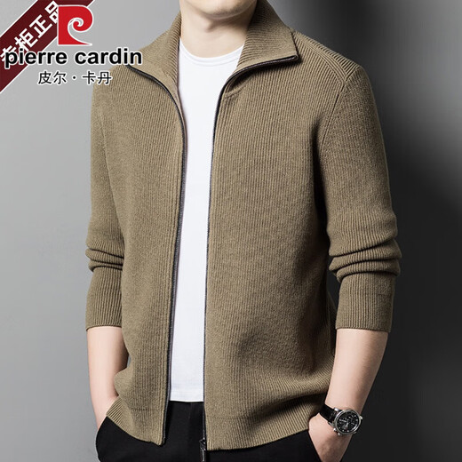 皮尔卡丹（pierre cardin）鄂尔多市产100%纯羊毛开衫男秋冬中年加厚翻领针织衫毛衣拉链外套 深咖啡13152 L170码 120-140斤