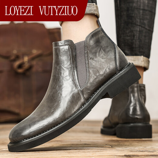 LOYEZI VUTYZIUO British Chelsea Boots Men's Leather Short Boots Martin Boots Soft Leather Shoes Business High Top Leather Shoes High-end Working Boots Gray 38