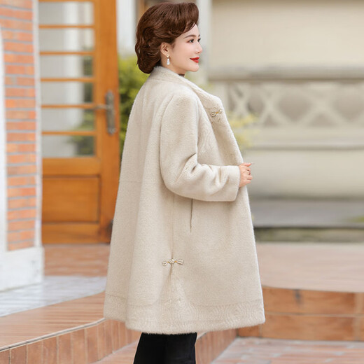 Nuo Ni's mother's winter warm tops imitation mink fur all-in-one coat for middle-aged and elderly women new Chinese style woolen coat tribute beige L recommended 115-130 Jin Jin equals 0.5 kg (high-end atmosphere)
