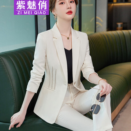 Purple Charming Business Suit Women's Autumn and Winter Long-Sleeved Small Suit Jacket Korean Style Slim Fit High-Level (Off Shelf) White (Single Suit) XL (Recommended 110-120 Jin Jin equals 0.5 kg)