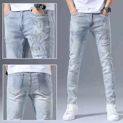 Playboy Jeans Estación europea para hombres europeos de alta gama e invierno Torn torn Fit pequeños pies de moda versión coreana de los pantalones delgados de color claro de diamante caliente 3890 modelos 30