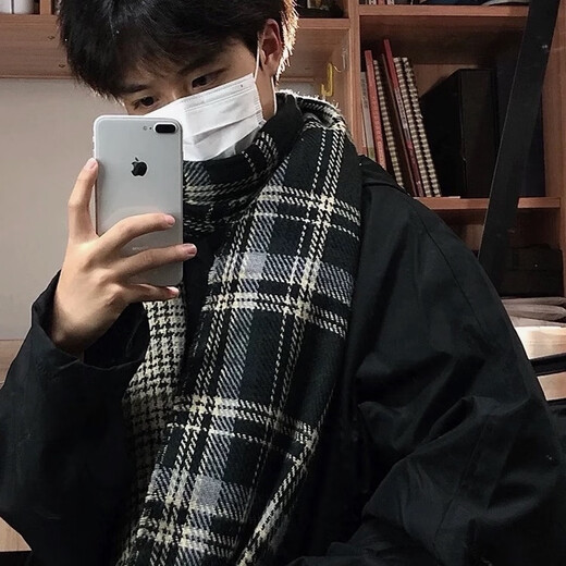 
Show off the men's winter Korean style fashionable and versatile plaid scarf student thickened warm shawl dual-purpose men and women's style double-sided wear-black (mask for free)