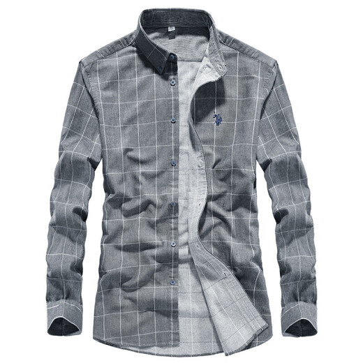 U.S.POLOASSN. Long-sleeved shirt for men in autumn pure cotton plaid business casual loose iron-free men's shirt gray plaid L