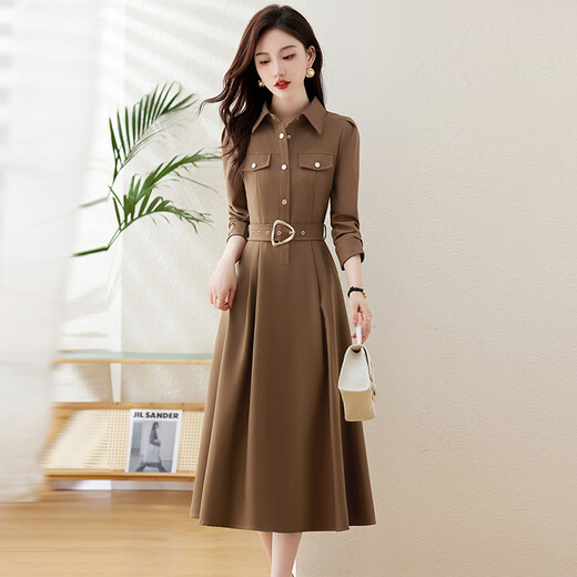 Chu Xin's high-end long-sleeved shirt dress for women 2025 spring and autumn new women's waist slimming temperament knee-length skirt Khaki XL recommended 115-125 Jin Jin equals 0.5 kg