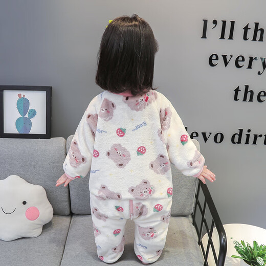 Papi Monkey children's one-piece pajamas coral velvet baby girl autumn and winter plus velvet thickened flannel crawler cartoon baby sleeping bag pink double layer 90 size recommended 1-2 years old (height around 85)