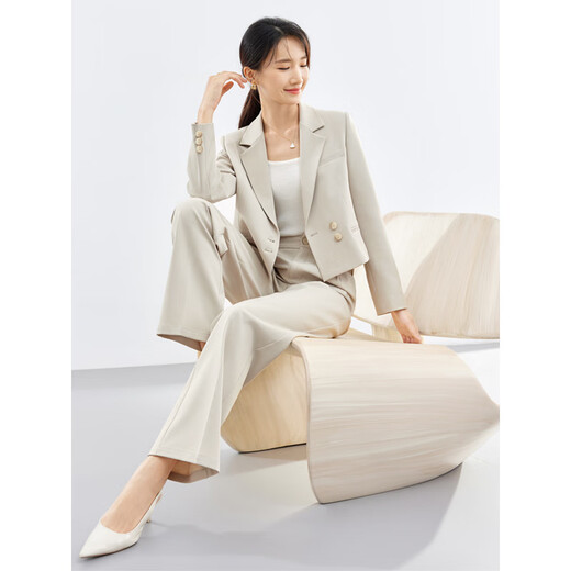 Shandubila's elegant commuting classic two-button suit jacket with elasticated back waist and pleated crotch-covering slim straight trousers suit beige S