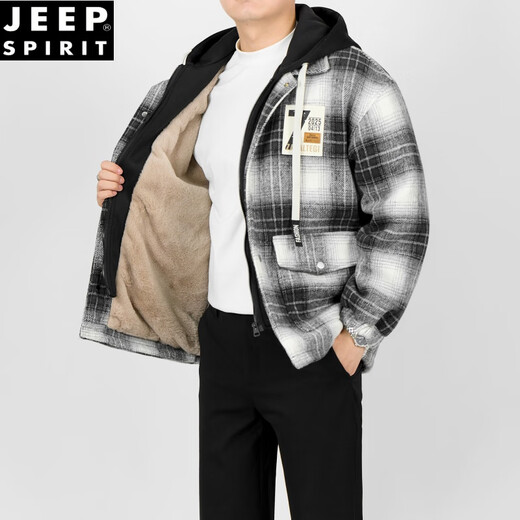 JEEP SPIRIT假两件棉衣外套男士冬装加绒加厚宽松保暖连帽男生潮牌格子棉服款 黑白格 4XL