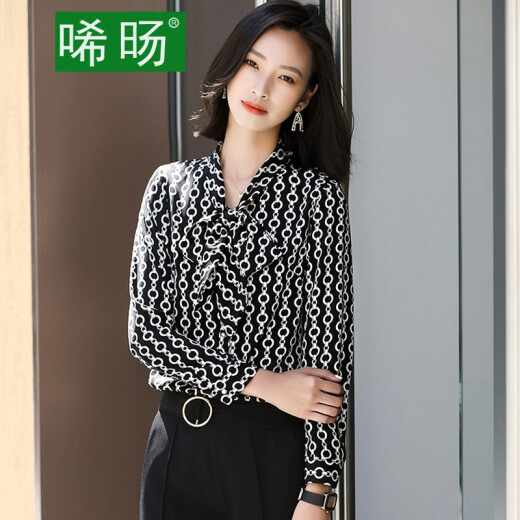 Swinging bow printed shirt women's long-sleeved 2021 spring and autumn new design niche chiffon streamer top shirt black shirt M [recommended 102-113Jin [Jin equals 0.5 kg]]