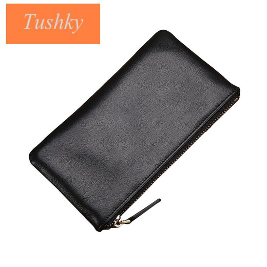 Tushky Handtasche Herren 2025 Neues echtes Leder Weiches Leder Herren Brieftasche Langes Reißverschluss Business Casual Top Layer Cowide Mobiltelefon Beutel Schwarz 1 kleine Größe