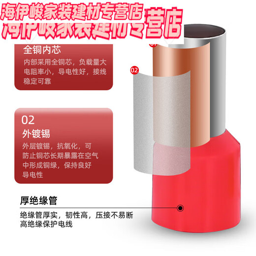 汇君（HUIJUN）欧式管型接线端子针形铜鼻子预绝缘压线冷压端子VE0508/1008/1508 E2510(2.5平方/铜管10mm)1000