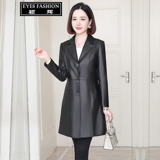 Yinghui genuine leather coat for women Haining sheepskin mid-length coat for women slim long windbreaker spring and autumn new style long coat black 3XL version small 118-128 Jin Jin equals 0.5 kg optional