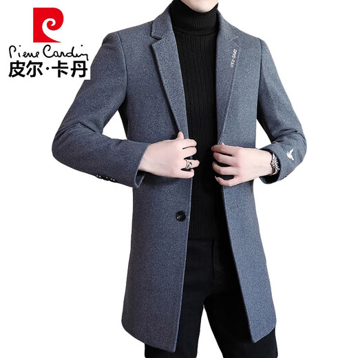 Pierre Cardin high-end brand woolen coat men's mid-length windbreaker winter thickened British high-end suit collar woolen coat 909 black cotton 3XL 161-175Jin Jin is equal to 0.5 kg