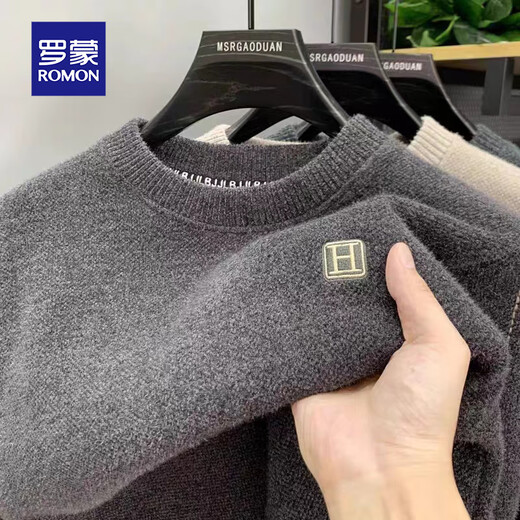 Luo Meng all-in-one velvet high-end round neck sweater men's autumn and winter velvet thickened warm base sweater clothes light gray XL