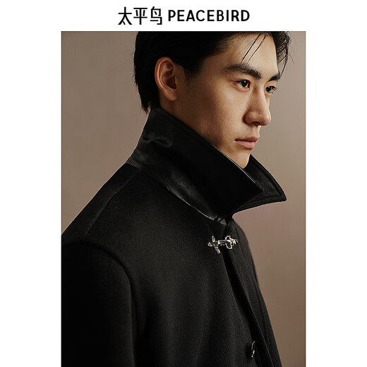 PeaceBird Men's Black Woolen Coat Mid longitud de invierno Mid longitud de lana de doble cara CABA NEGRA FIRM L