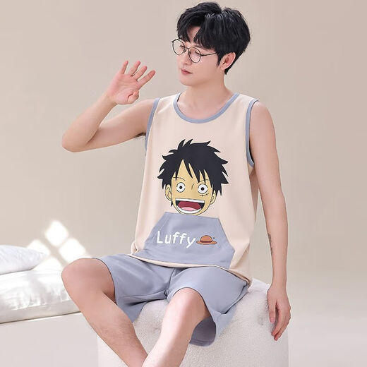 莫代尔无袖背心睡衣男士夏季棉大码宽松大学生卡通青少年加肥加大家居服 1349背心姜黄海绵宝男 2XL 140-160斤