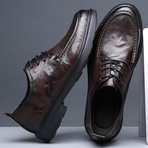 Goodba Ye first-layer cowhide men's casual leather shoes genuine leather business leather shoes men's lace-up formal shoes soft leather round-toe men's shoes dark brown 40