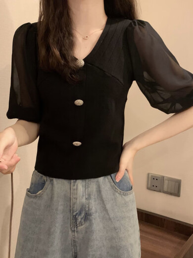 依慕琪2025夏新款冰丝雪纺拼接V领短袖针织衫淑女薄款打底衫短款上衣MCL 3523黑色 均码 (70-125斤可穿)