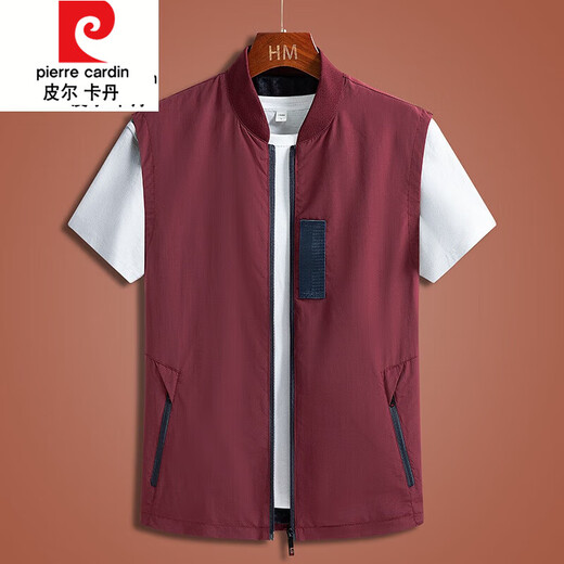 Pierre Cardin vest men's spring and autumn outdoor thin quick-drying vest middle-aged dad waistcoat vest sleeveless stand-collar casual jacket A 2231 burgundy L recommended 115-135 Jin Jin equals about 0.5 kg