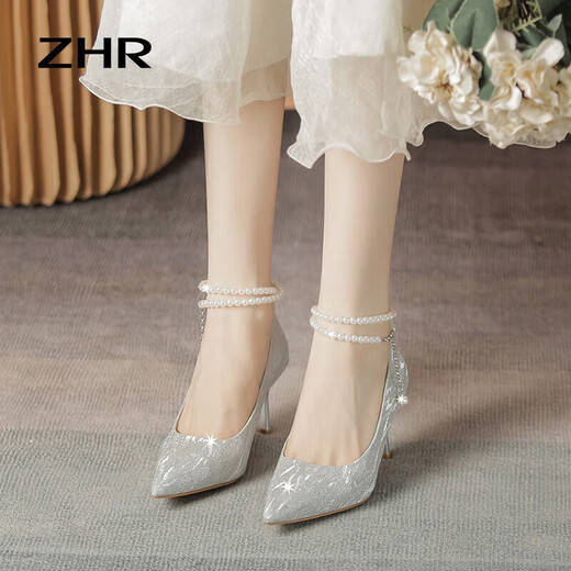 
ZHR high heels female elegant pointed toe thin heels women's shoes high-end pearl strap crystal single shoes women Y765 silver 37