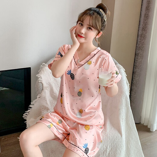 闪芭兔冰丝睡衣女夏季短袖薄款两件套装女式青年家居服可外穿 QDM-825-3粉小菠萝 2XL (建议130-145斤)