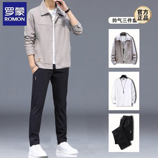 ROMON jacket men's suit spring and autumn new Korean style set of trendy youth casual clothes men's three-piece set J06 dark gray jacket + cotton white T + K1063 black XL 120-140Jin Jin equals 0.5 kg