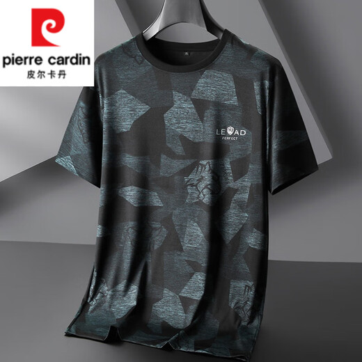 皮尔卡丹（pierre cardin）加肥加大T恤男夏季宽松大码圆领冰丝凉感胖子迷彩短袖打底衫 2603蓝色 5XL
