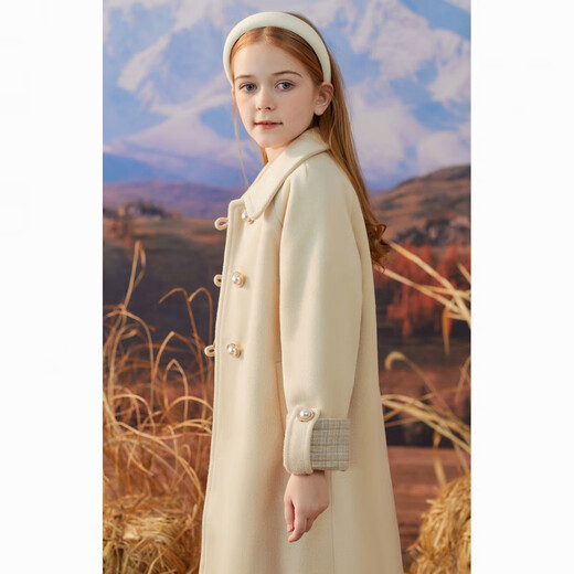 Disney Girls' Woolen Coat Autumn and Winter New Style Western Style Large Children's Woolen Coat Thickened Padded Mid-Length Winter Clothes Beige Single Layer Lining 150