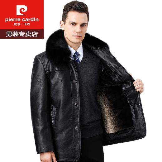 皮尔卡丹（pierre cardin）中青年真皮皮衣男海宁绵羊皮羽绒服爸爸加绒加厚外套冬 扣子款/黑色【可拆/毛领+绒毛胆 175/L (建议125-140斤)
