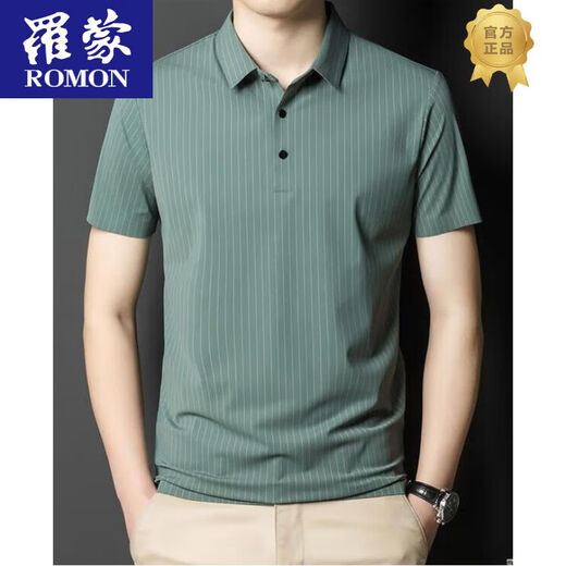 罗蒙（ROMON）2025夏季翻领无痕短袖T恤男士竖条纹休闲polo小衫男装潮流薄款 灰色 6996 M 170