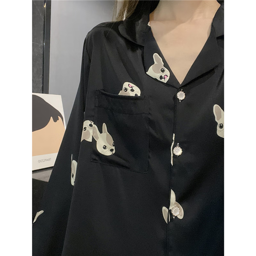 费迈博睡衣女春秋季冰丝可爱小奶狗学生长袖薄款开衫女士家居服两件套装 b693#小狗(双长丝) M
