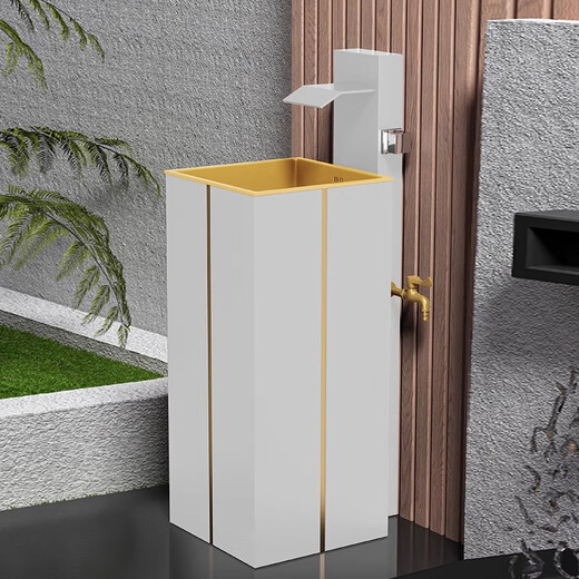 Stainless steel pedestal wash basin outdoor wash basin courtyard floor-standing pedestal basin home balcony outdoor pool white waterfall faucet pedestal basin (platinum)